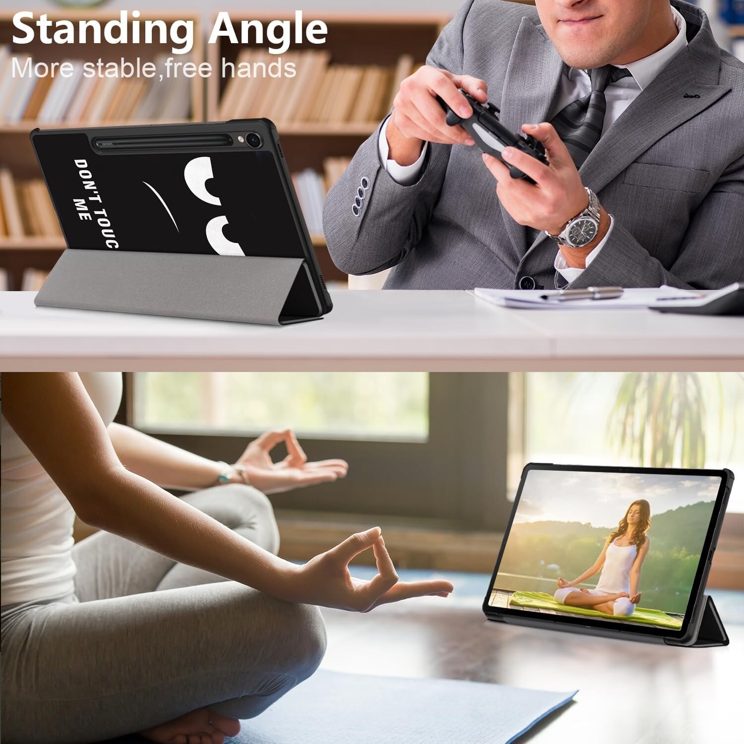 Husa tableta ESSTORE pentru Galaxy Tab S9 11 (SM-X710/X716B/X718U)/Tab S9 FE 11 inch (SM-X510/X516) ultra subtire cu functie stand si Auto Sleep, rezistenta la socuri, Black, logo “Don’t Touch Me”