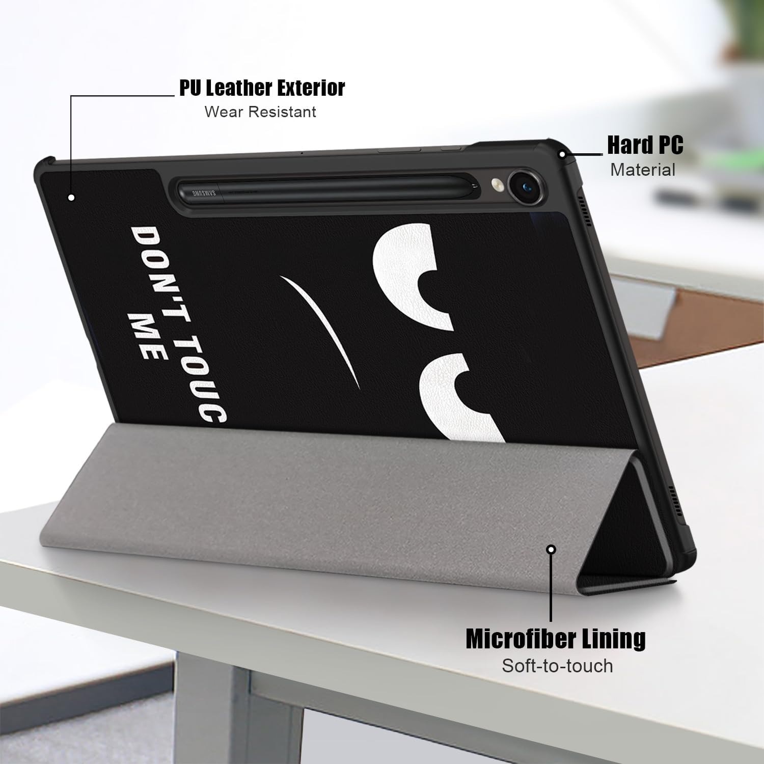 Husa tableta ESSTORE pentru Galaxy Tab S9 11 (SM-X710/X716B/X718U)/Tab S9 FE 11 inch (SM-X510/X516) ultra subtire cu functie stand si Auto Sleep, rezistenta la socuri, Black, logo “Don’t Touch Me”