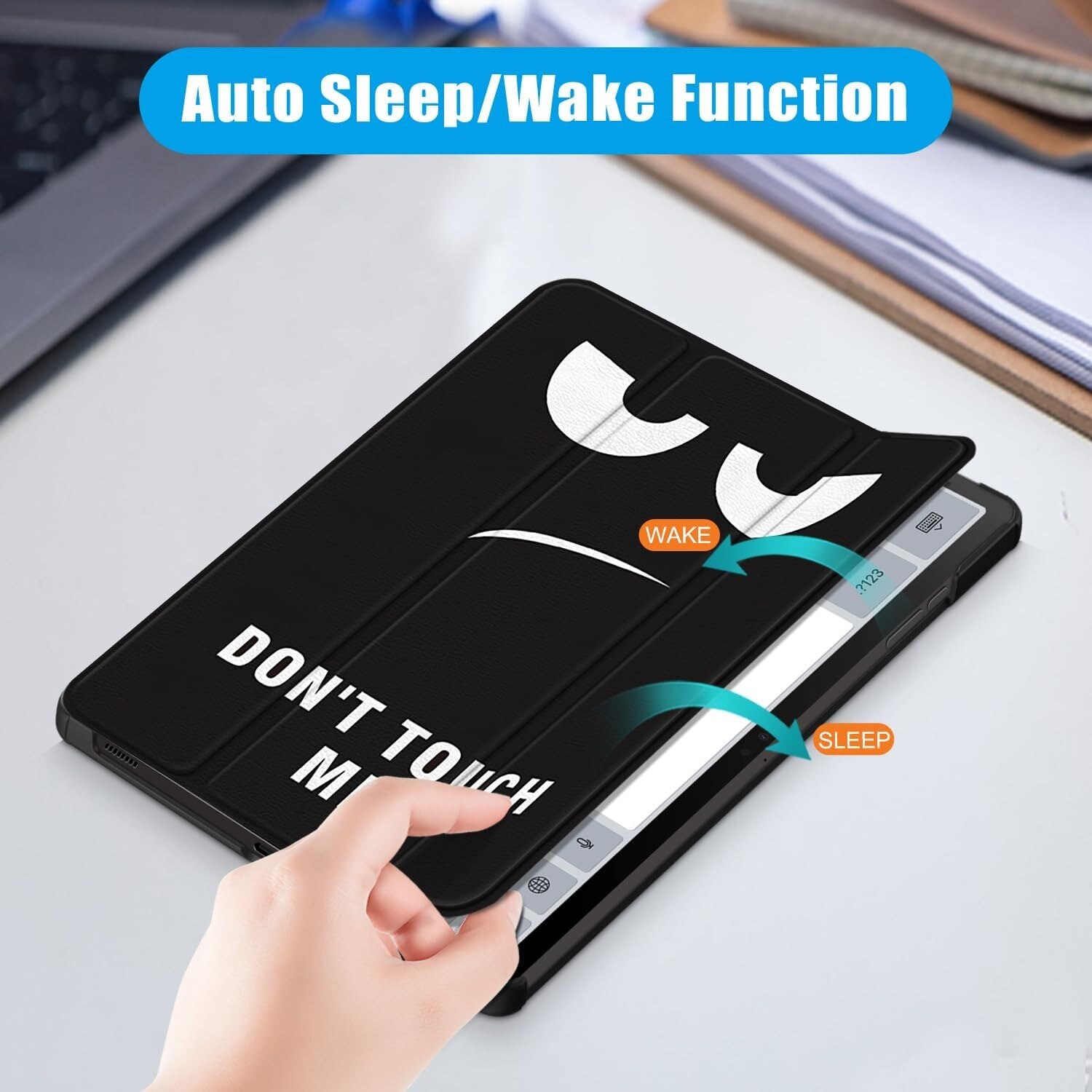 Husa tableta ESSTORE pentru Galaxy Tab S9 11 (SM-X710/X716B/X718U)/Tab S9 FE 11 inch (SM-X510/X516) ultra subtire cu functie stand si Auto Sleep, rezistenta la socuri, Black, logo “Don’t Touch Me”