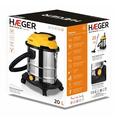 Aspirator multifunctional HAEGER WORK FORCE VC-W&D.038A,1200W, Aspirare umeda si uscata, 20L, functie de suflare, Recipient inox, Galben/Argintiu