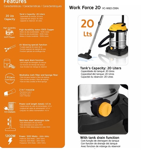 Aspirator multifunctional HAEGER WORK FORCE VC-W&D.038A,1200W, Aspirare umeda si uscata, 20L, functie de suflare, Recipient inox, Galben/Argintiu