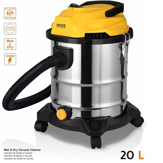 Aspirator multifunctional HAEGER WORK FORCE VC-W&D.038A,1200W, Aspirare umeda si uscata, 20L, functie de suflare, Recipient inox, Galben/Argintiu