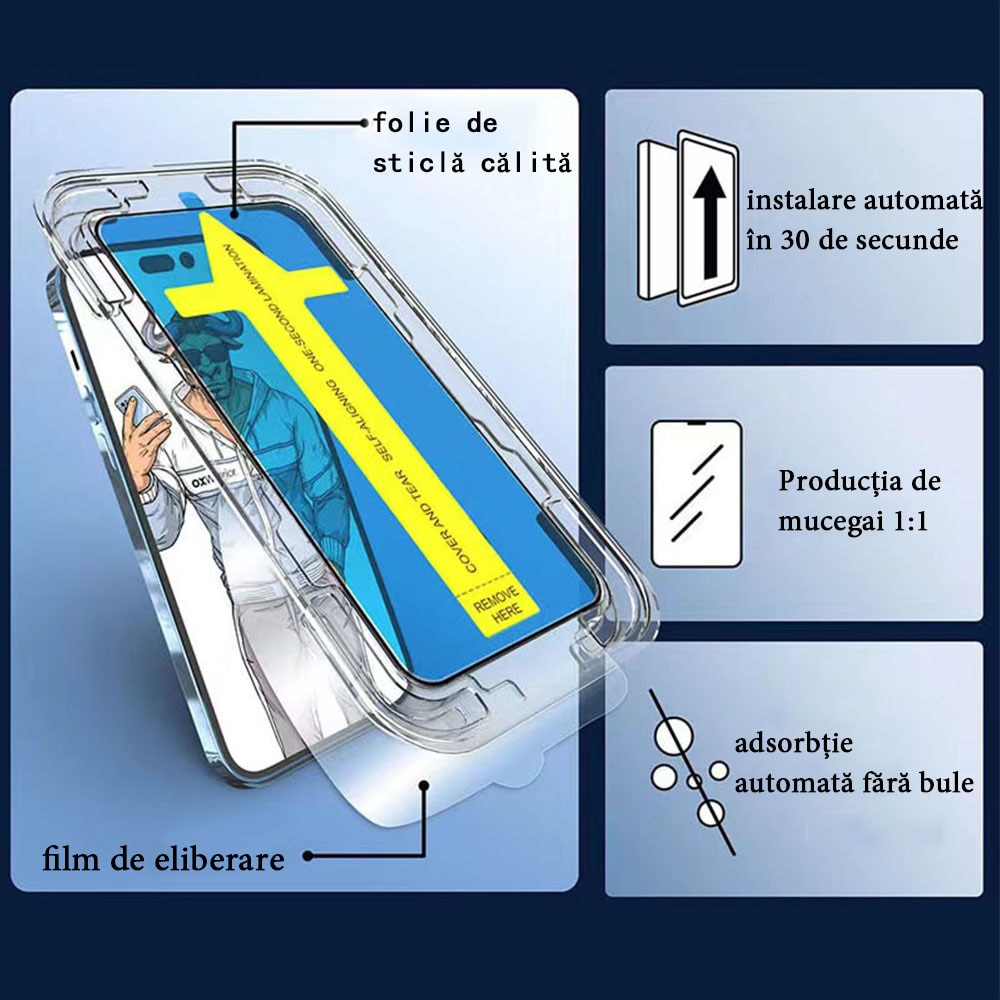Set 2 folii protectie telefon, Pentru ecran/camera, Compatibil cu iPhone 15 Pro Max, Usor de instalat in 30 de secunde cu dispozitivul de potrivire automata, Transparent