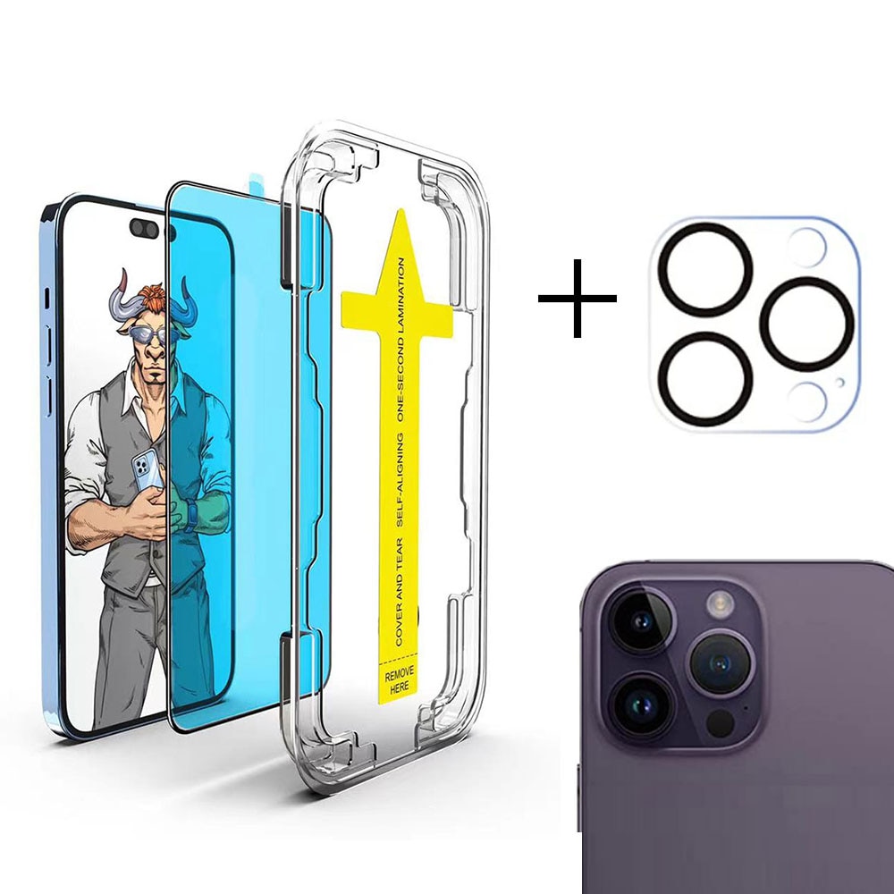 Set 2 folii protectie telefon, Pentru ecran/camera, Compatibil cu iPhone 15 Pro Max, Usor de instalat in 30 de secunde cu dispozitivul de potrivire automata, Transparent