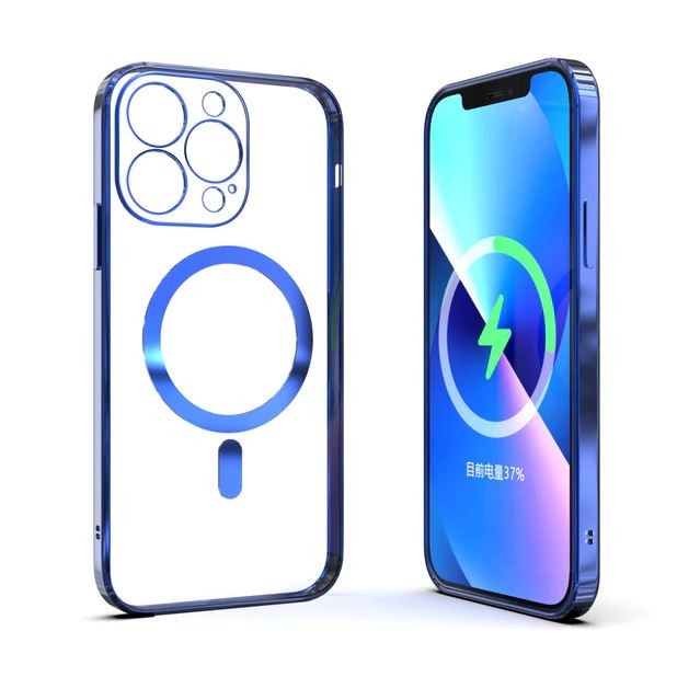 Husa MagSafe pentru Apple iPhone 14, Full Cover, Protectie camera, Margini colorate Electroplating, Magnetica, Incarcare Wireless, Flippy, Albastru