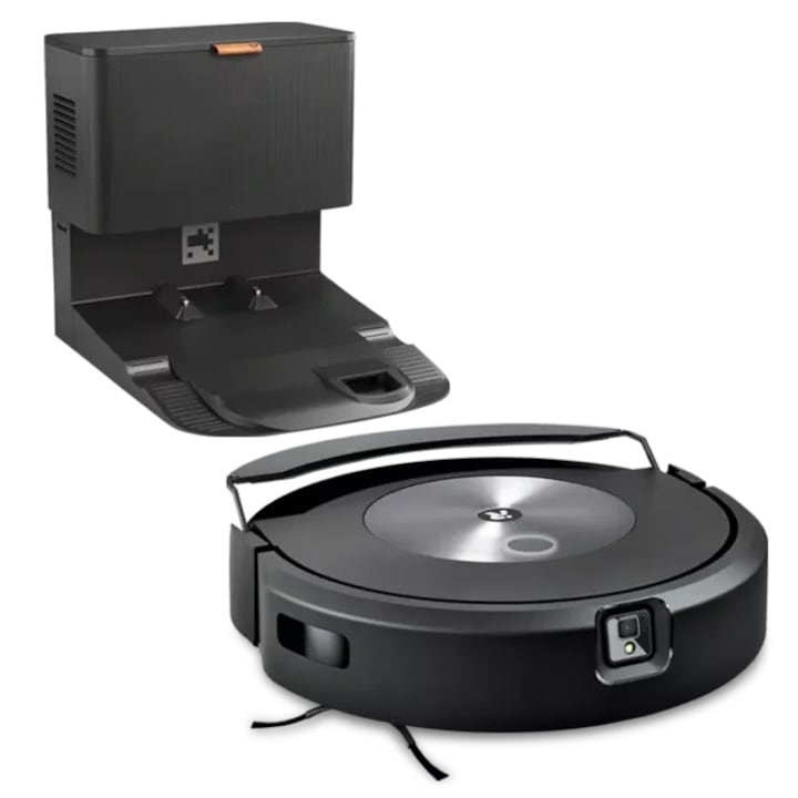 Robot aspirator cu mop+baza descarcare iRobot Roomba Combo j7+ c7558, 26Wh, camera frontala, evita obstacole, aplicatie, 10 harti, bariere virtuale, golire automata, WiFi, Alexa&Google, senzori scari, gri
