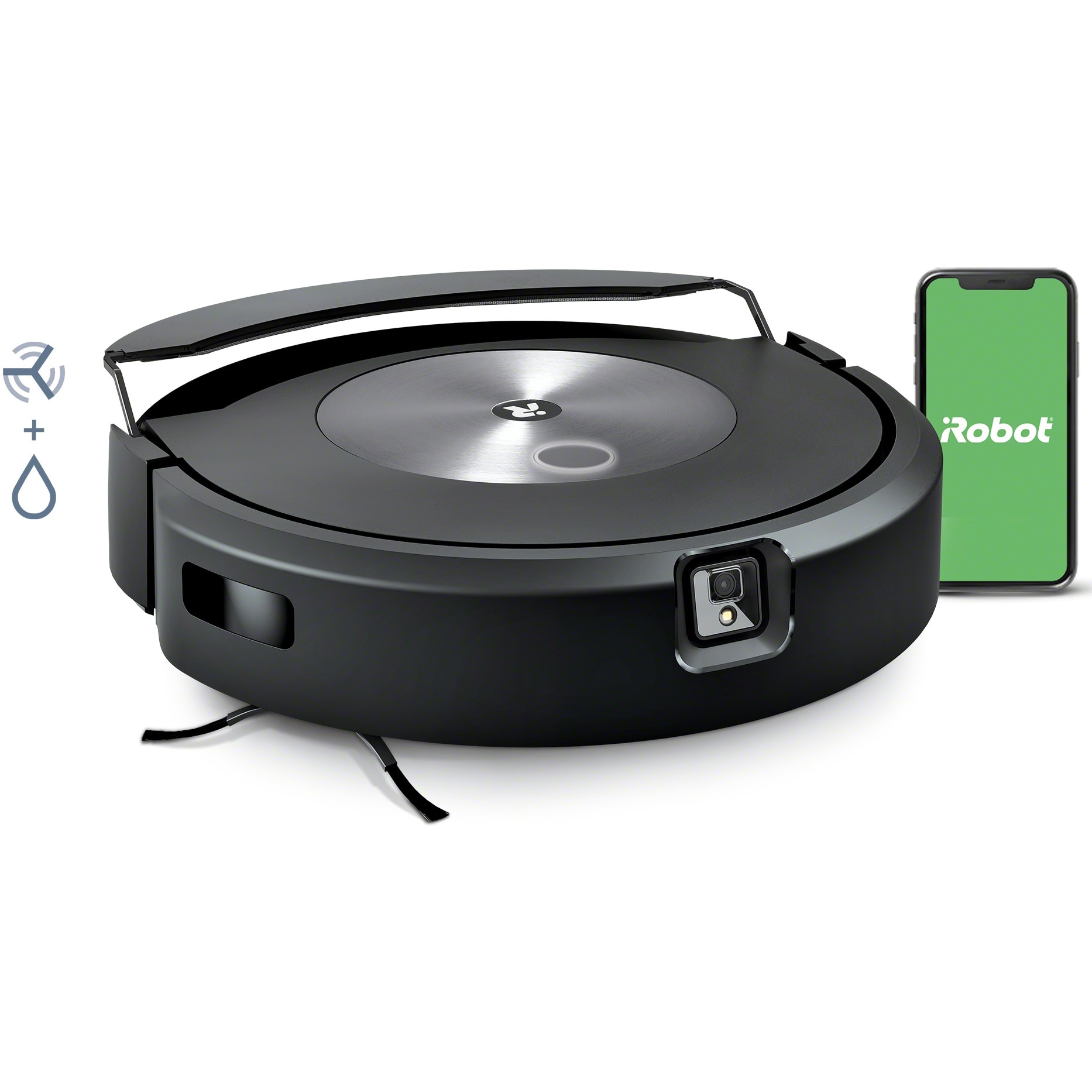 Robot aspirator cu mop+baza descarcare iRobot Roomba Combo j7+ c7558, 26Wh, camera frontala, evita obstacole, aplicatie, 10 harti, bariere virtuale, golire automata, WiFi, Alexa&Google, senzori scari, gri