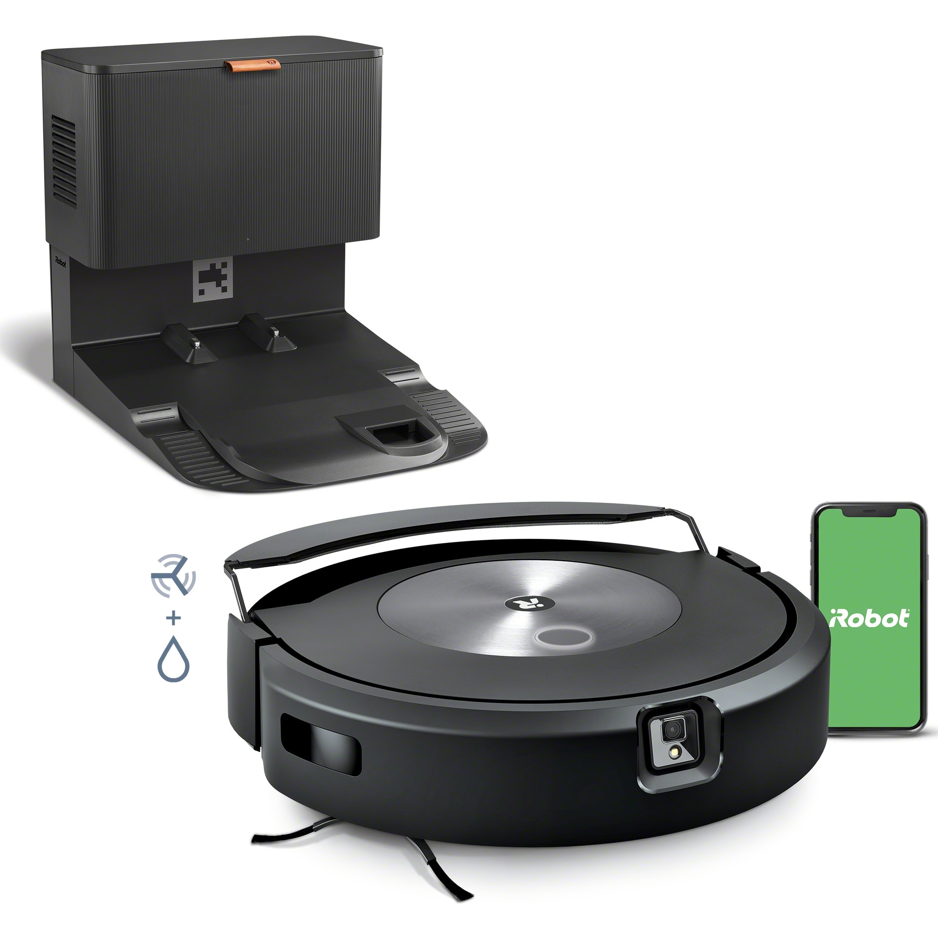 Robot aspirator cu mop+baza descarcare iRobot Roomba Combo j7+ c7558, 26Wh, camera frontala, evita obstacole, aplicatie, 10 harti, bariere virtuale, golire automata, WiFi, Alexa&Google, senzori scari, gri