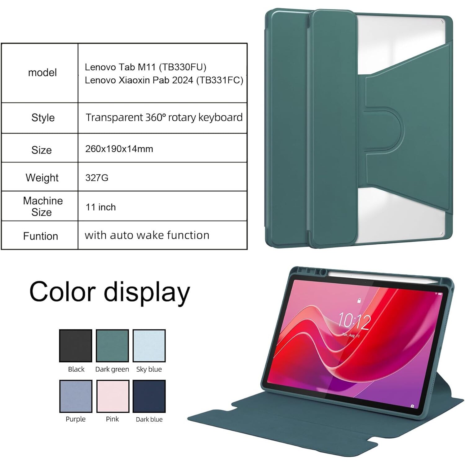 Pentru Lenovo Xiaoxin Pad 2024, 11-inch TB-331FC, Tab M11 11-inch 2023 TB-330FU, Premium PU Leather Folding Stand, piele transparenta, 360 de grade pivotant, inteligent Auto Sleep Wake cu Pen Holder caz de protectie, Albastru cerneala