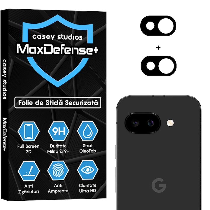 Set 2x Folie Sticla Camera compatibil cu Google Pixel 9A, CASEY STUDIOS™ MaxDefense+, Protectie Securizata, Duritate 9H, Full Cover, Anti Zgarieturi, Ultra HD, Protectie Profesionala Camere 3D, Anti Zgarieturi, Anti Socuri
