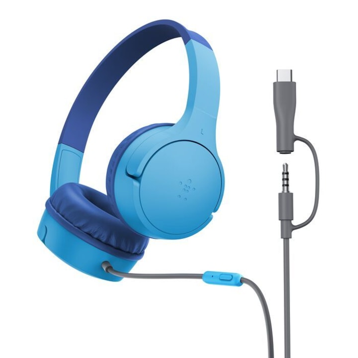 Casti cu fir Belkin SoundForm Mini pentru copii, USB-C, albastru