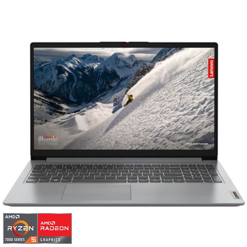 Laptop Lenovo IdeaPad 1 15AMN7 cu procesor AMD Ryzen™ 5 7520U pana la 4.3 GHz, 15.6", Full HD, IPS, 16GB DDR5, 512GB SSD, AMD Radeon™ 610M, No OS, Cloud Grey