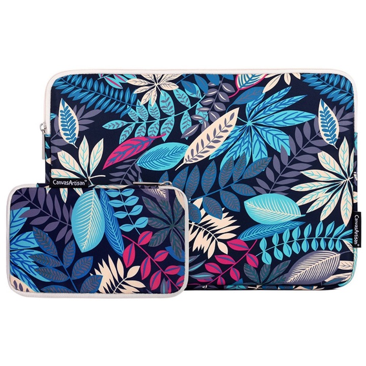 Etui laptop 13", XGSM, ultracompact, cu imprimeu frunze, albastru, include sasheta