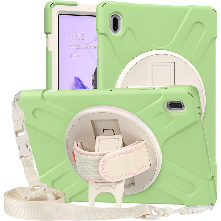 Husa Sigloo pentru Samsung Galaxy Tab A7 Lite(SM-T220/T225), 8.7", curea de umar, suport 360, verde deschis cu crem