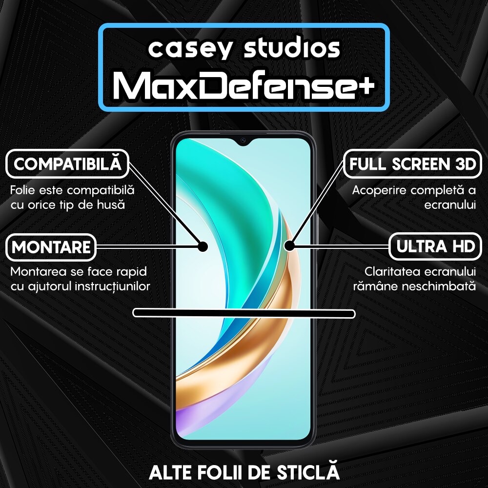 Folie Sticla CASEY STUDIOS™ compatibila cu Honor X6b, Full Cover 3D, Full Glue, Duritate Militara, Ultra HD, Anti Zgarieturi, Anti Amprente, Anti Socuri, Margini Negre