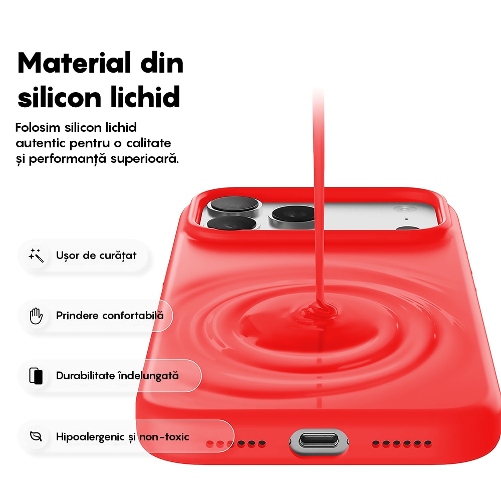Husa CASEY STUDIOS™ pentru Apple iPhone 17 Pro Max, Soft Silicone Premium, Microfibra in Interior, de Protectie, Ultra Slim, pentru Incarcare Wireless, Margini Ridicate pentru Protectia Ecranului si a Camerelor, Rosu