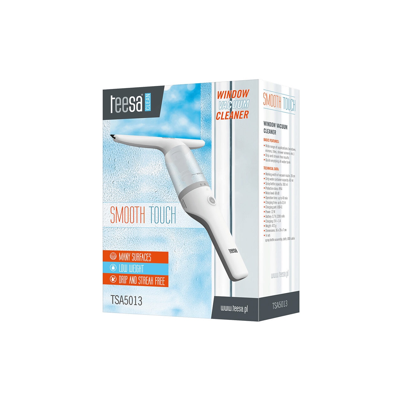 Aparat curatare ferestre Teesa SMOOTH TOUCH TSA5013, 360 ml, autonomie 40 minute, port de incarcare USB-C Alb