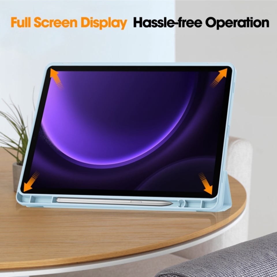 Husa tableta pentru Samsung Galaxy Tab S9 / S9 FE / S10 FE, suport Pencil, functie Sleep/Wake, Flex Trifold, set cu sticker, Bleu