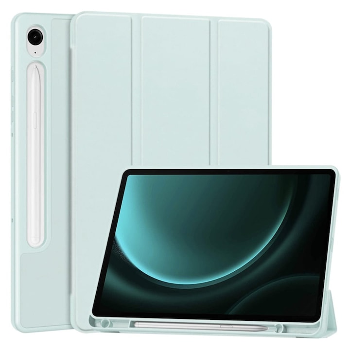 Husa tableta pentru Samsung Galaxy Tab S9 / S9 FE / S10 FE, suport Pencil, functie Sleep/Wake, Flex Trifold, set cu sticker, Bleu