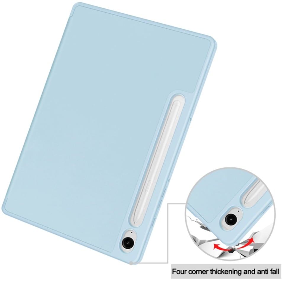 Husa tableta pentru Samsung Galaxy Tab S9 / S9 FE / S10 FE, suport Pencil, functie Sleep/Wake, Flex Trifold, set cu sticker, Bleu