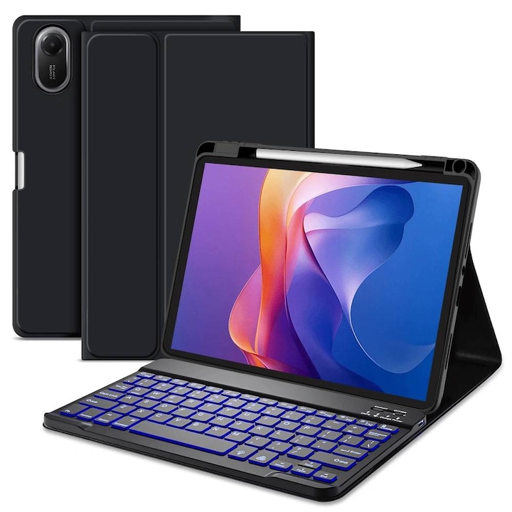 Husa pentru Xiaomi Redmi Pad 2 11 inch 2025 cu tastatura iluminata wireless detasabila RGB 7 lights, Bluetooth, USB Type-C, functie stand si slot stylus, negru