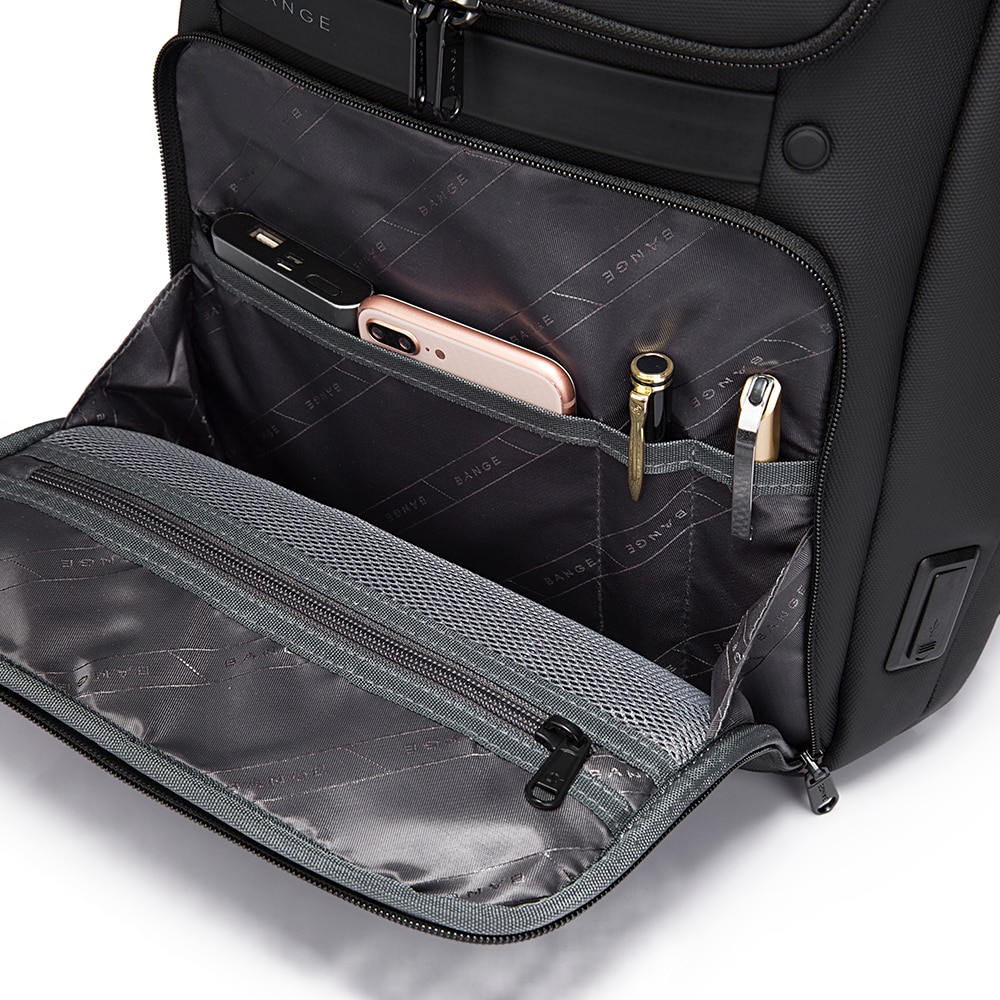 Rucsac laptop 15.6", business, impermeabil, cu port de incarcare USB, BANGE, 48x30x12.5 cm, Negru