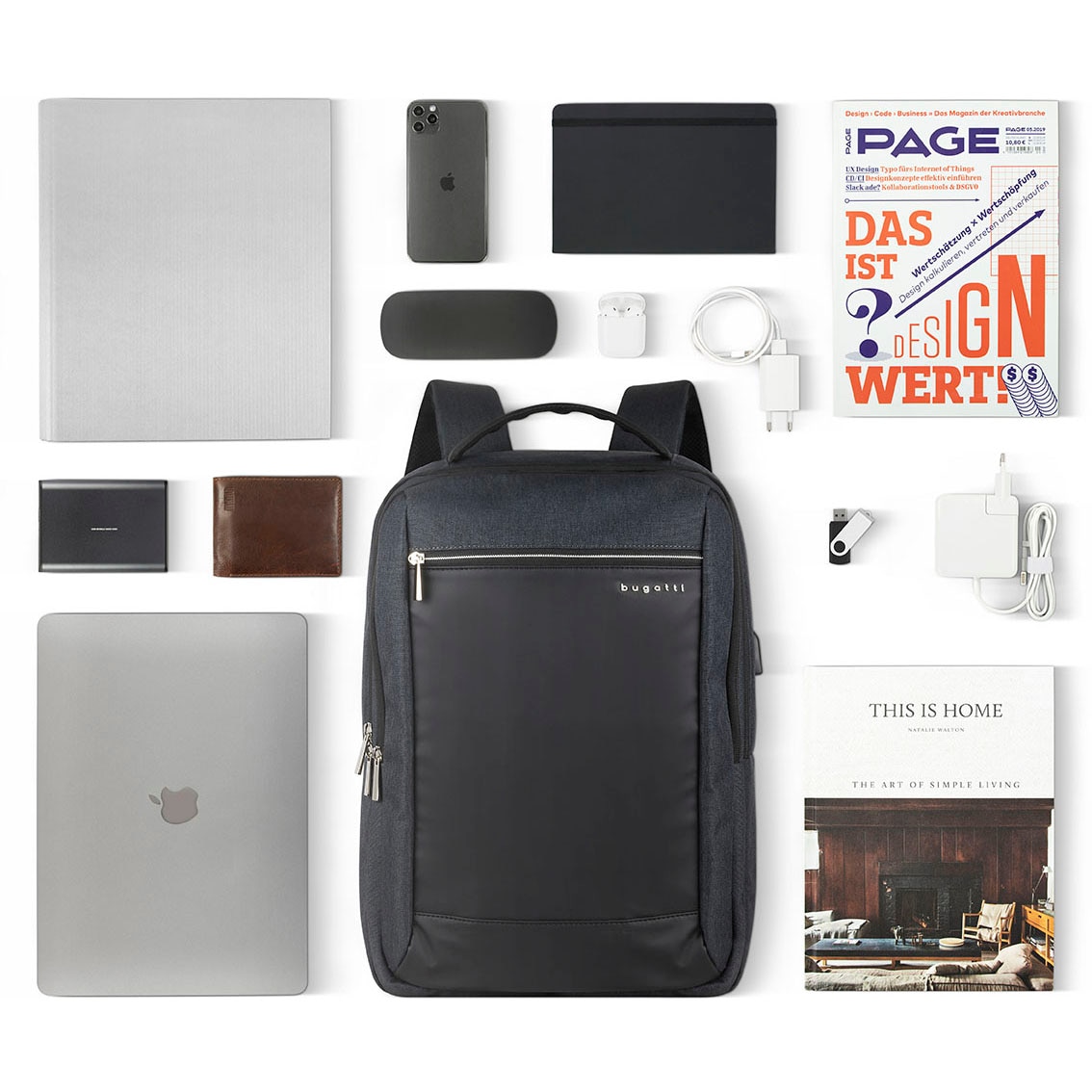Rucsac barbati, Bugatti, Sera, pentru laptop de 16 inch si documete, Gri antracit
