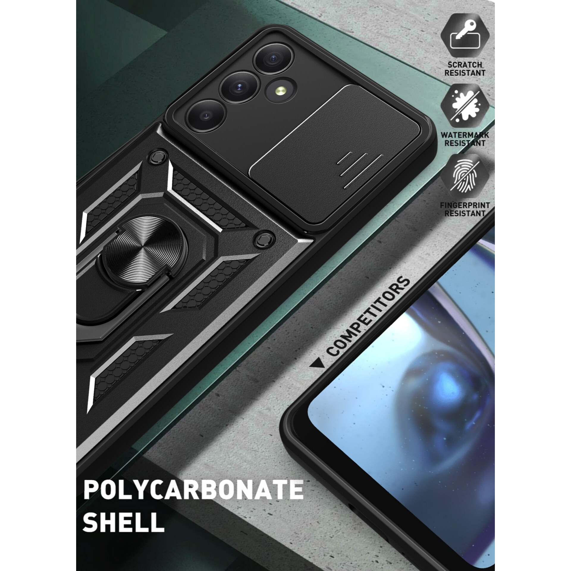 Husa telefon, pentru Samsung Galaxy S24 FE 5G Capac de obiectiv al camerei glisante, inel rotativ 360°, Negru