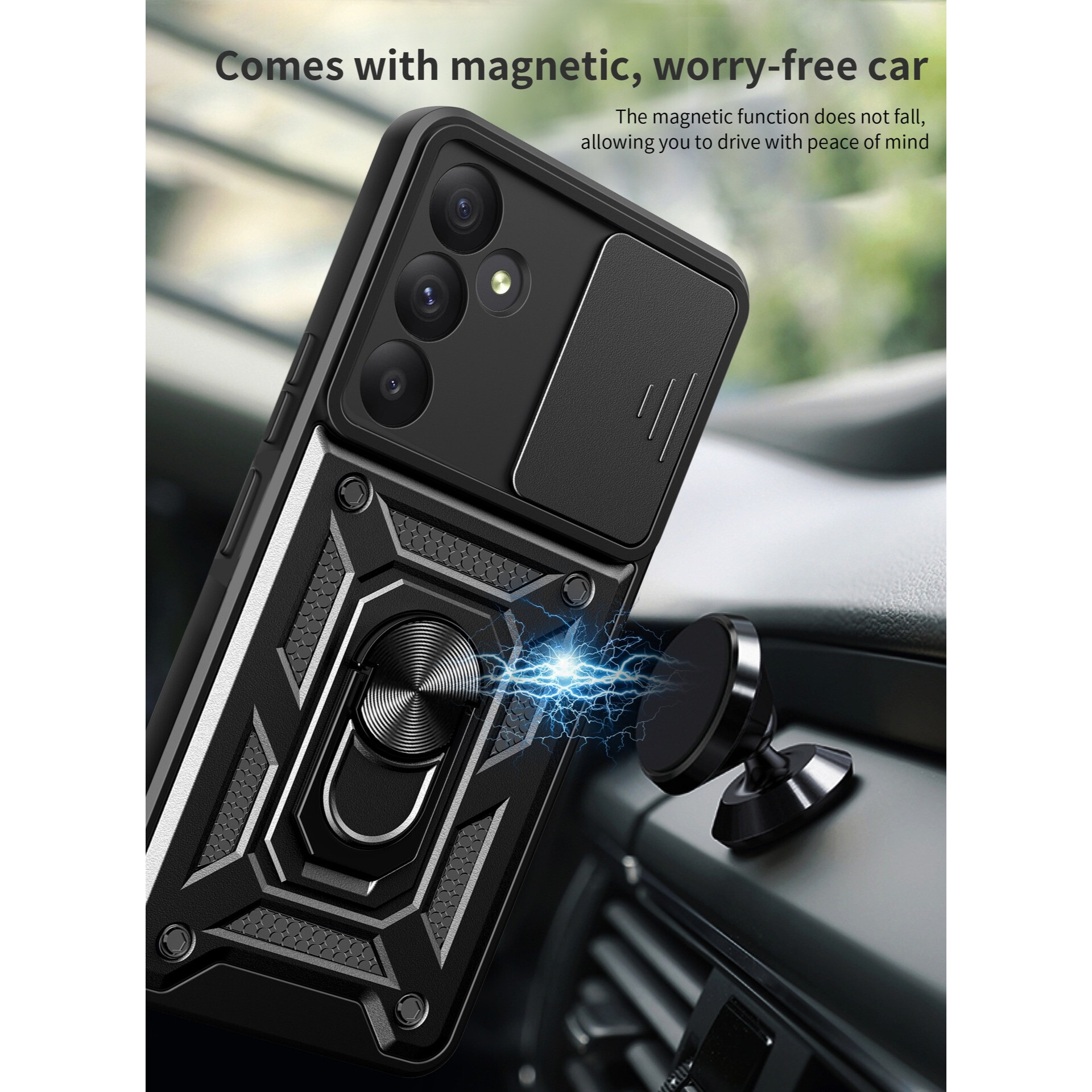 Husa telefon, pentru Samsung Galaxy S24 FE 5G Capac de obiectiv al camerei glisante, inel rotativ 360°, Negru
