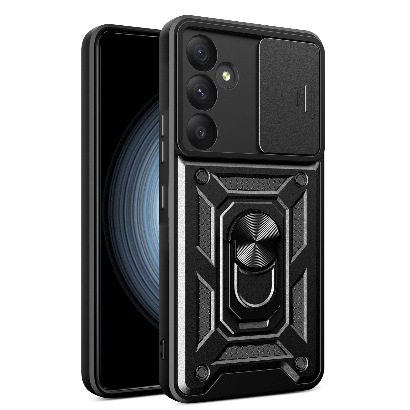 Husa telefon, pentru Samsung Galaxy S24 FE 5G Capac de obiectiv al camerei glisante, inel rotativ 360°, Negru