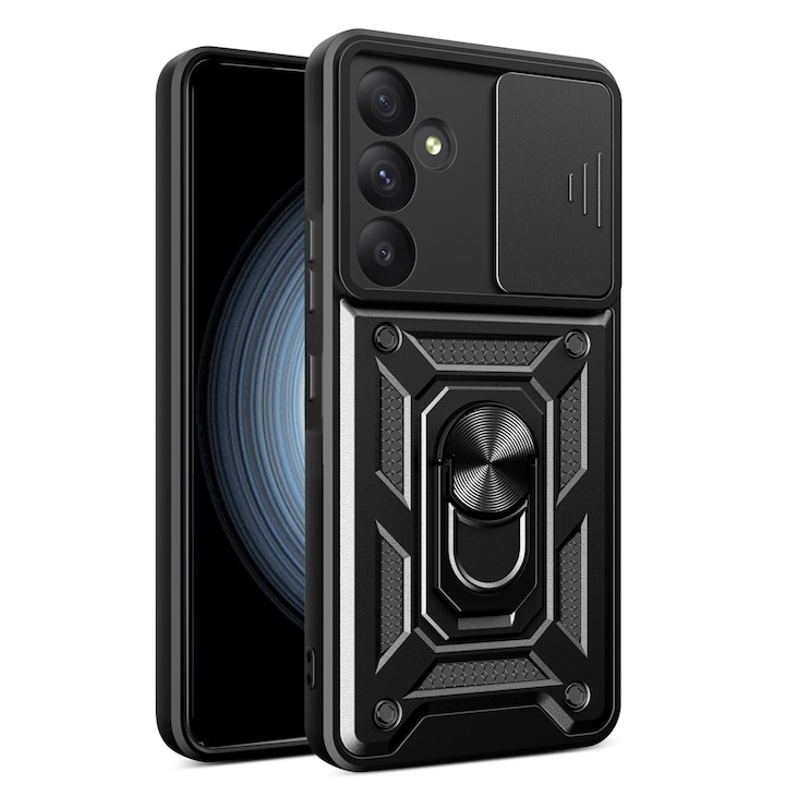 Husa telefon, pentru Samsung Galaxy S24 FE 5G Capac de obiectiv al camerei glisante, inel rotativ 360°, Negru