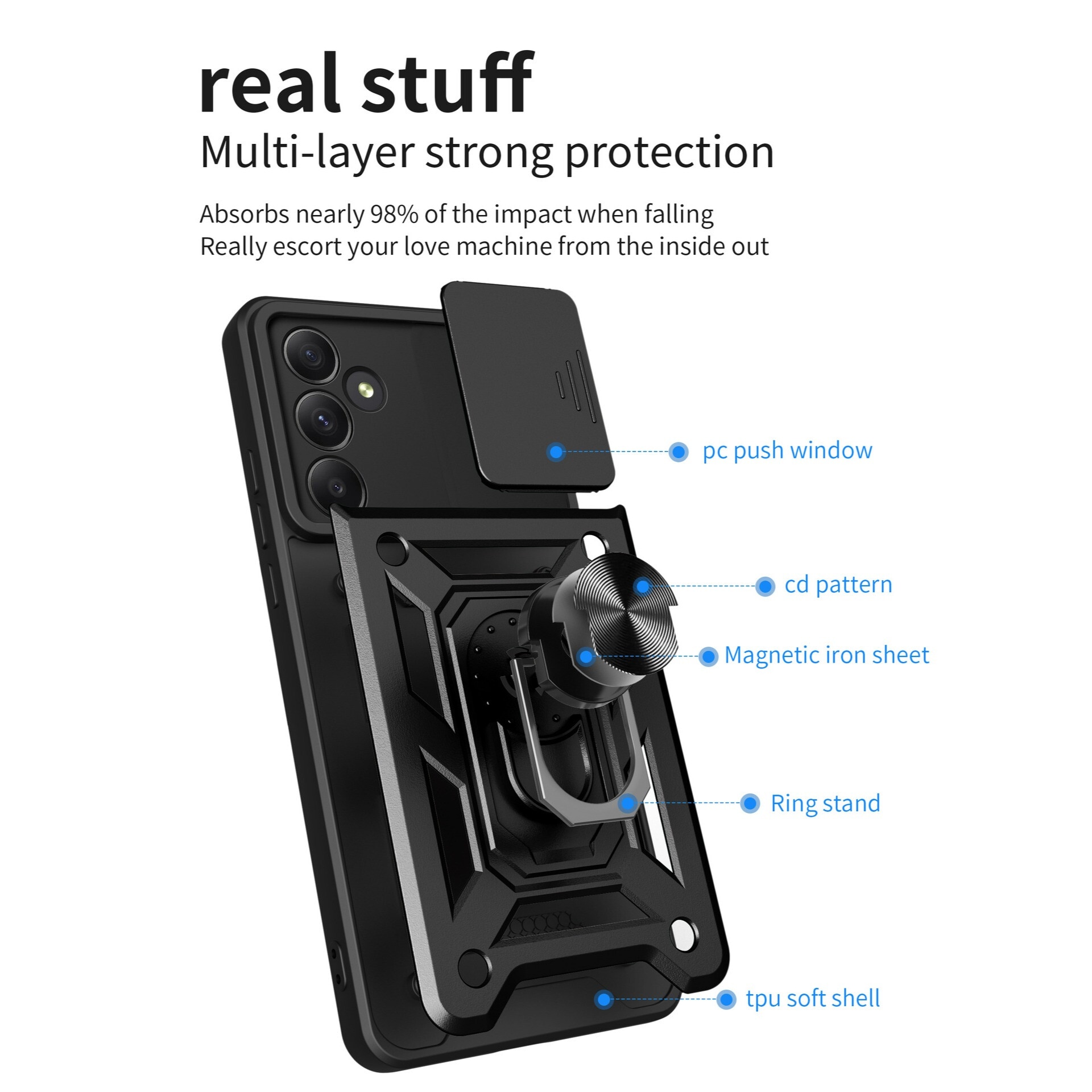 Husa telefon, pentru Samsung Galaxy S24 FE 5G Capac de obiectiv al camerei glisante, inel rotativ 360°, Negru