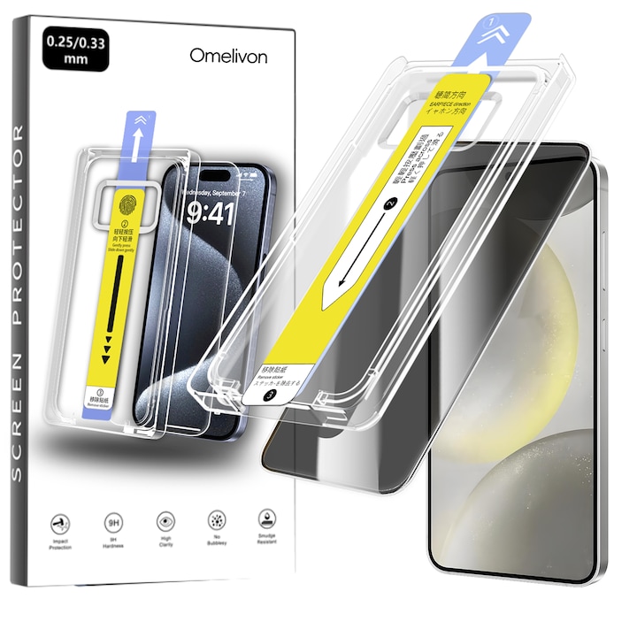 Folie Protectie Privacy Omelivon, pentru Samsung Galaxy S24 Plus / S25 Plus, Sticla Securizata, Margini Negre, Kit Aplicare, Dureaza 9H+, Ultra HD, Anti Amprente