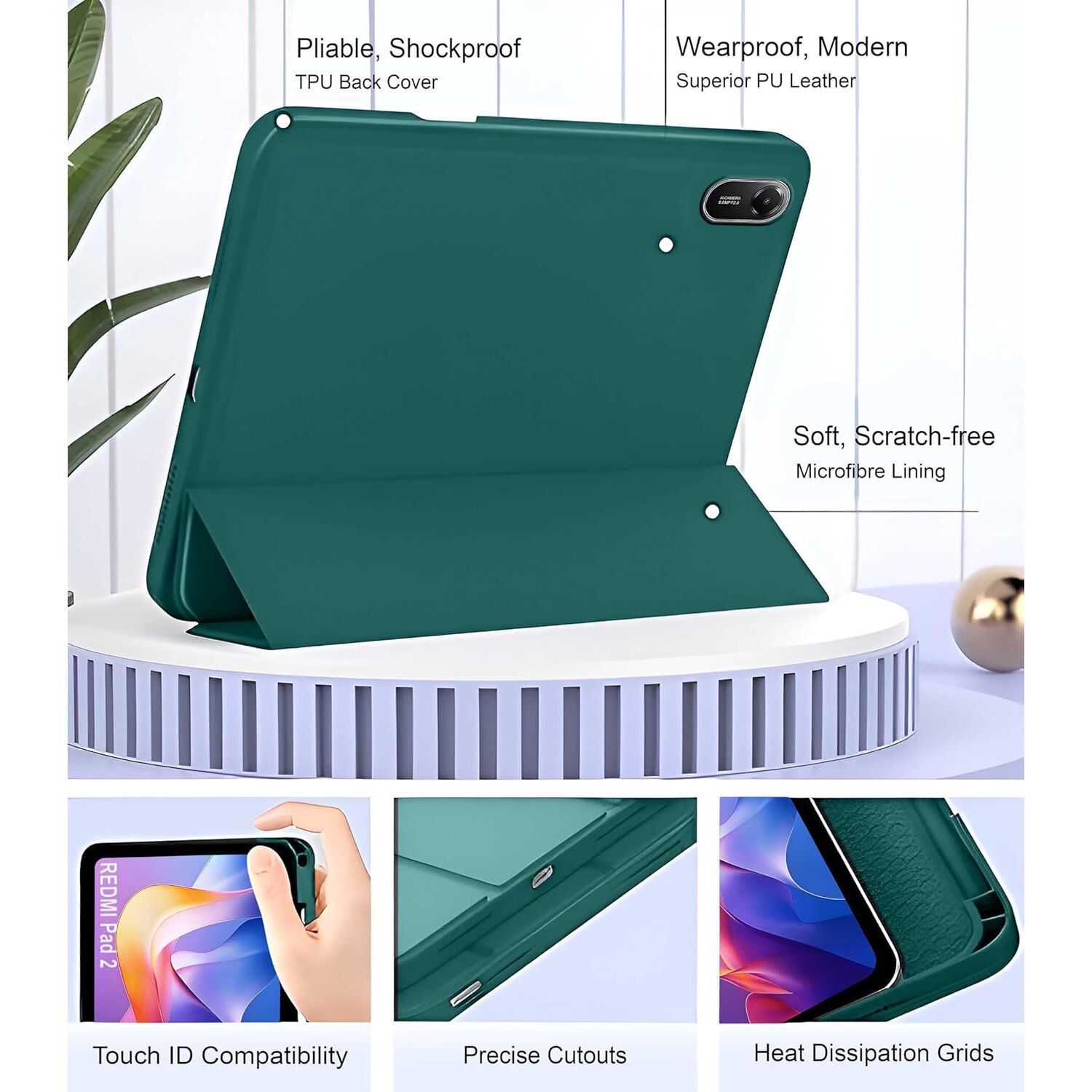 Husa pentru Xiaomi Redmi Pad 2 Soft Shell cu functie wake-up/sleep si compartiment pentru stylus tip stand - Verde