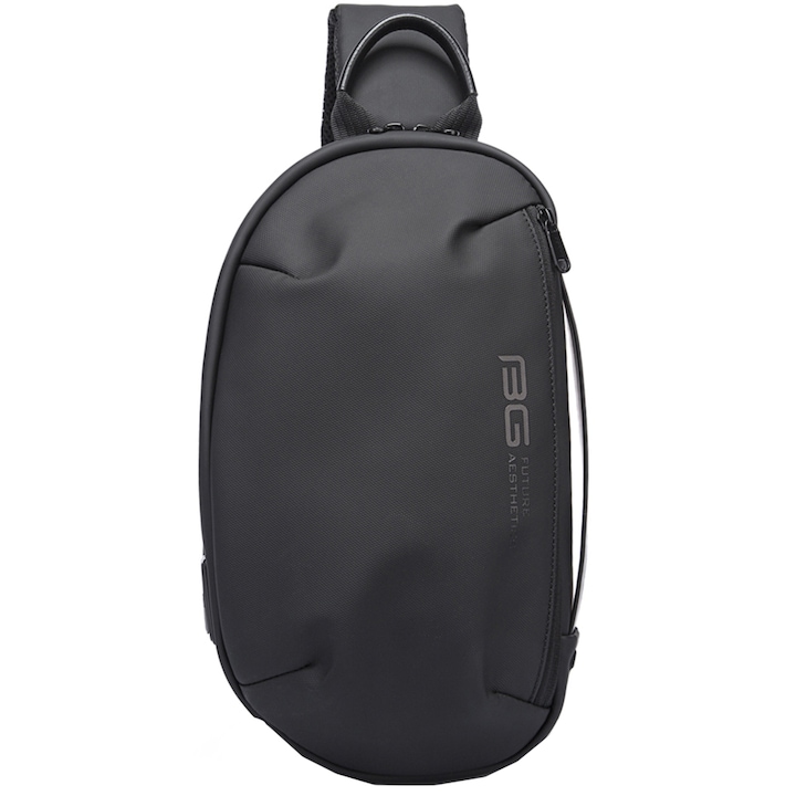Rucsac mic, cu o bretea, crossbody, cu port USB, rezistent la stropi de apa, bareta ajustabila stinga dreapta, BANGE, BG7306BK, Negru