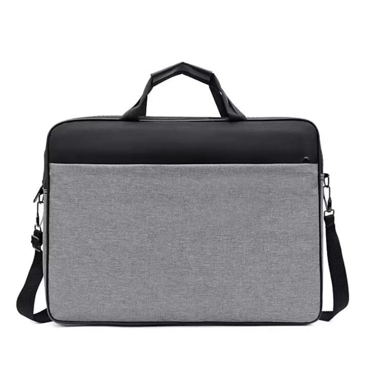 Geanta Laptop, Bicolora, Compatibila 15.6", 3 Buzunare, Textil, Extensie umar, Gri si Negru