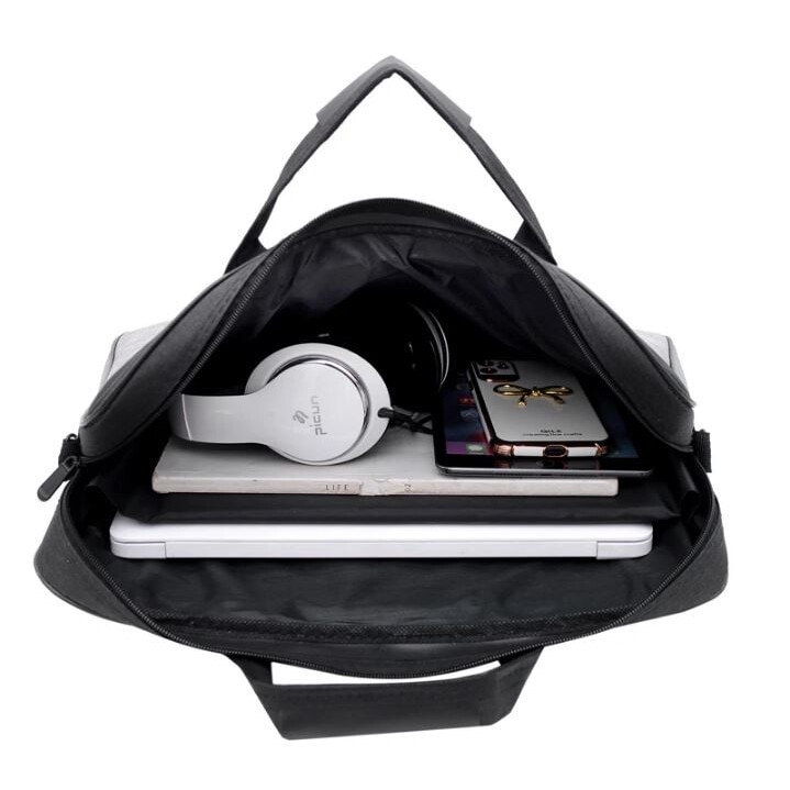 Geanta Laptop, Bicolora, Compatibila 15.6", 3 Buzunare, Textil, Extensie umar, Gri si Negru