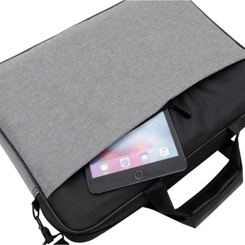 Geanta Laptop, Bicolora, Compatibila 15.6", 3 Buzunare, Textil, Extensie umar, Gri si Negru