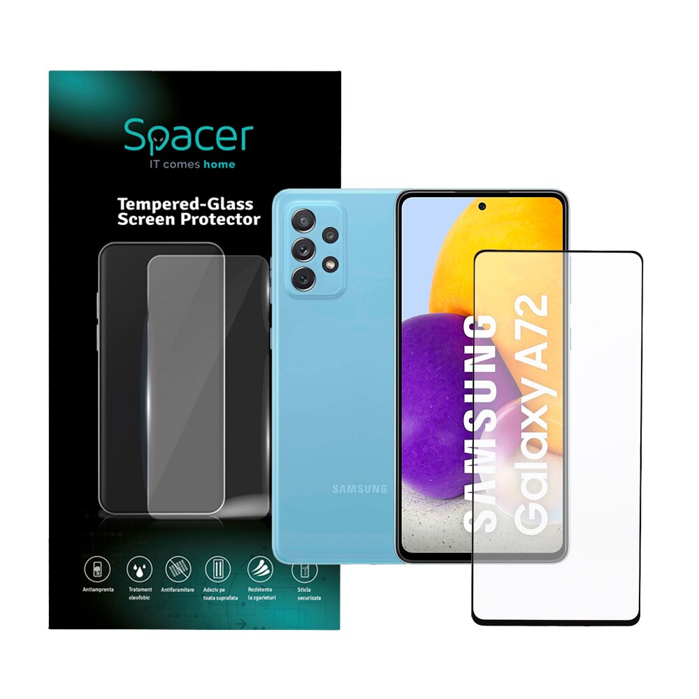 Folie de protectie Spacer pentru Samsung Galaxy A72, sticla 9D, duritate 9H, Tempered Glass