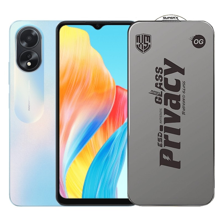 Folie de Protectie pentru Oppo A18, Flippy, Sticla Securizata ESD Antistatica, Super-X Privacy OG, Margini Negre, 0.30 mm, Transparent Inchis