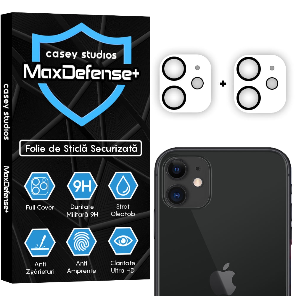 Set 2x Folie Sticla Camera compatibil cu iPhone 11, CASEY STUDIOS™ MaxDefense+, Protectie Securizata, Duritate 9H, Full Cover, Anti Zgarieturi, Ultra HD, Protectie Profesionala Camere 3D, Anti Zgarieturi, Anti Socuri
