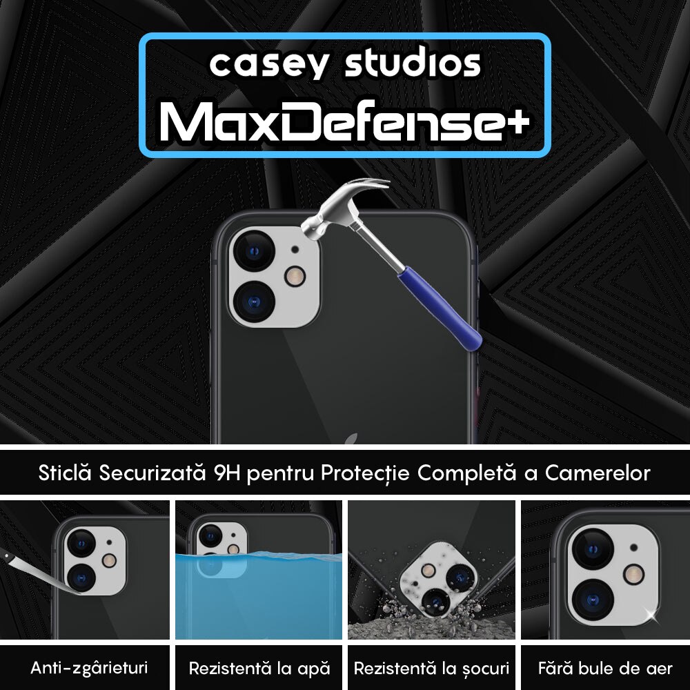 Set 2x Folie Sticla Camera compatibil cu iPhone 11, CASEY STUDIOS™ MaxDefense+, Protectie Securizata, Duritate 9H, Full Cover, Anti Zgarieturi, Ultra HD, Protectie Profesionala Camere 3D, Anti Zgarieturi, Anti Socuri