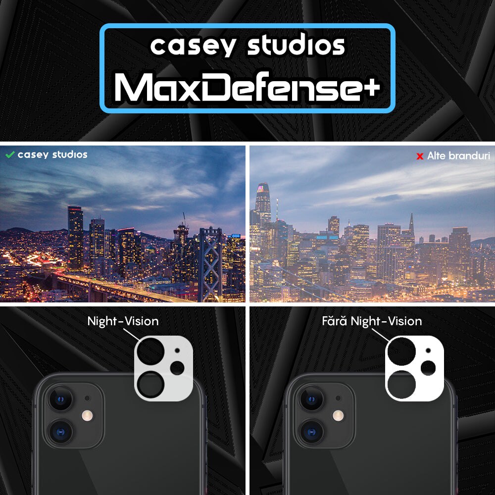 Set 2x Folie Sticla Camera compatibil cu iPhone 11, CASEY STUDIOS™ MaxDefense+, Protectie Securizata, Duritate 9H, Full Cover, Anti Zgarieturi, Ultra HD, Protectie Profesionala Camere 3D, Anti Zgarieturi, Anti Socuri
