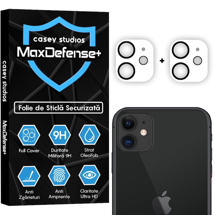 Set 2x Folie Sticla Camera compatibil cu iPhone 11, CASEY STUDIOS™ MaxDefense+, Protectie Securizata, Duritate 9H, Full Cover, Anti Zgarieturi, Ultra HD, Protectie Profesionala Camere 3D, Anti Zgarieturi, Anti Socuri