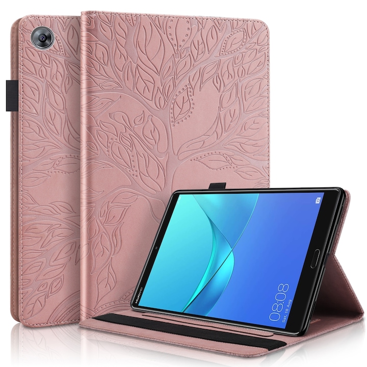 Husa tableta pentru Huawei MediaPad M5 10.8 inch, piele PU, design tip carte cu suport & sloturi pentru carduri & pix (Rose Gold)