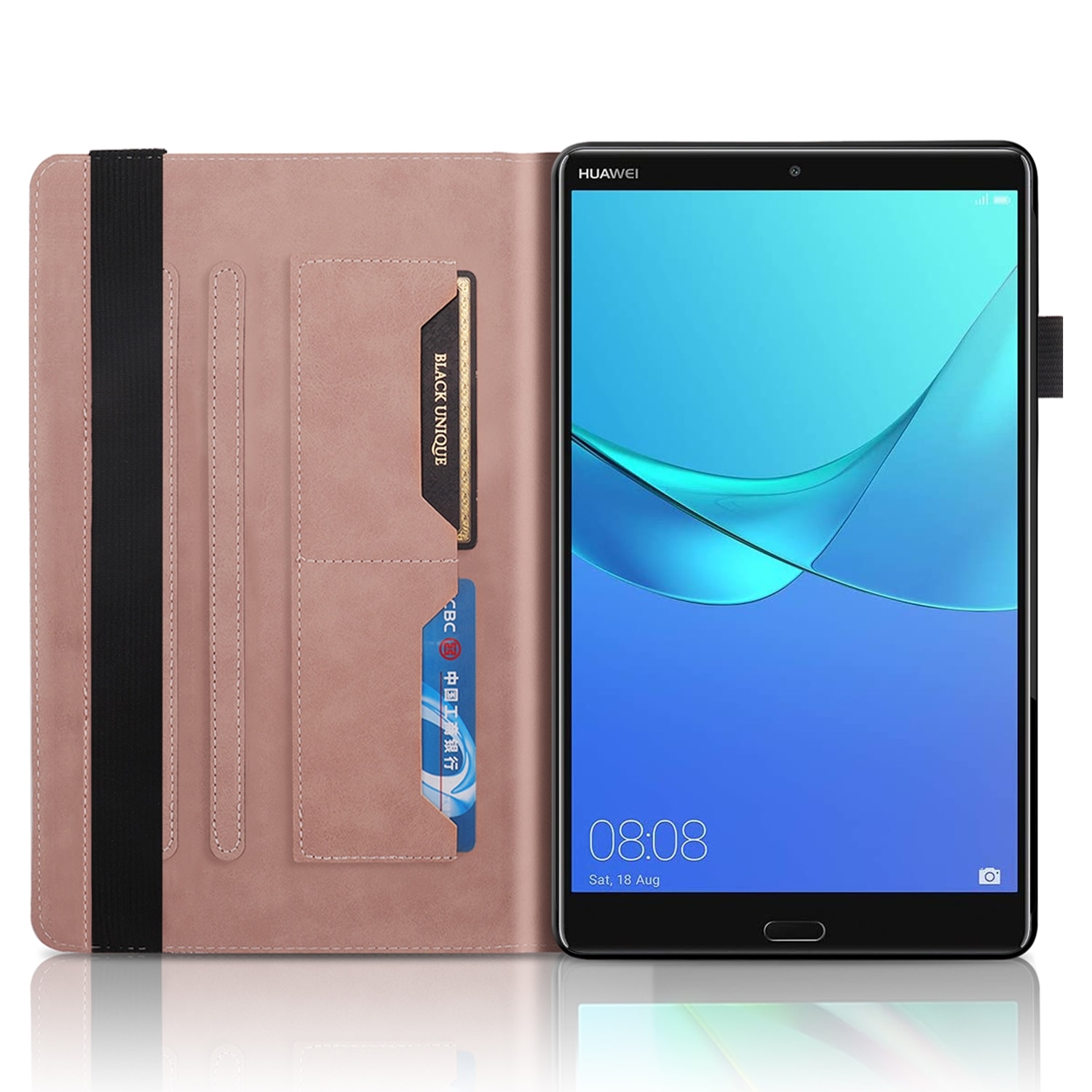 Husa tableta pentru Huawei MediaPad M5 10.8 inch, piele PU, design tip carte cu suport & sloturi pentru carduri & pix (Rose Gold)