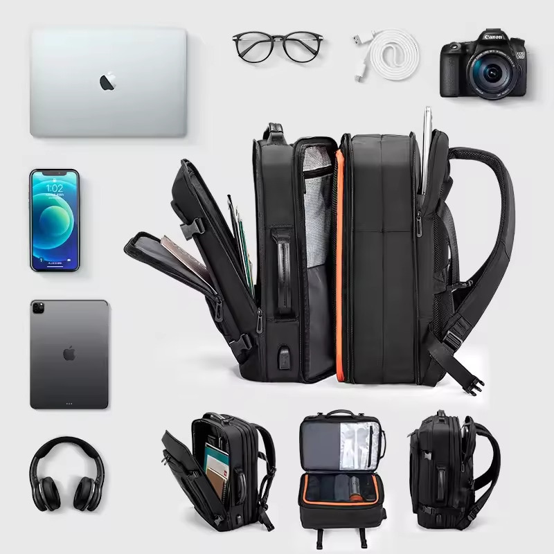 Rucsac laptop 15.6", pentru calatorii, expandabil pana la 27 L, cu port de incarcare USB, KINGSONS, 28.5x21/31x43 cm, Negru