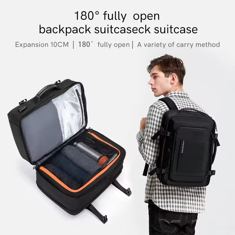 Rucsac laptop 15.6", pentru calatorii, expandabil pana la 27 L, cu port de incarcare USB, KINGSONS, 28.5x21/31x43 cm, Negru