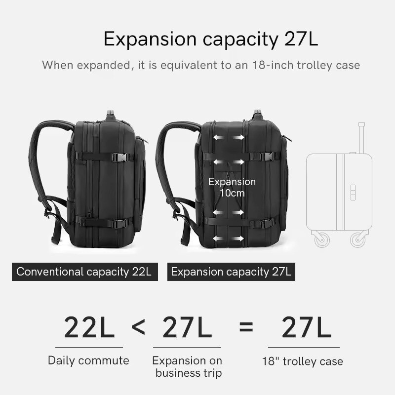 Rucsac laptop 15.6", pentru calatorii, expandabil pana la 27 L, cu port de incarcare USB, KINGSONS, 28.5x21/31x43 cm, Negru