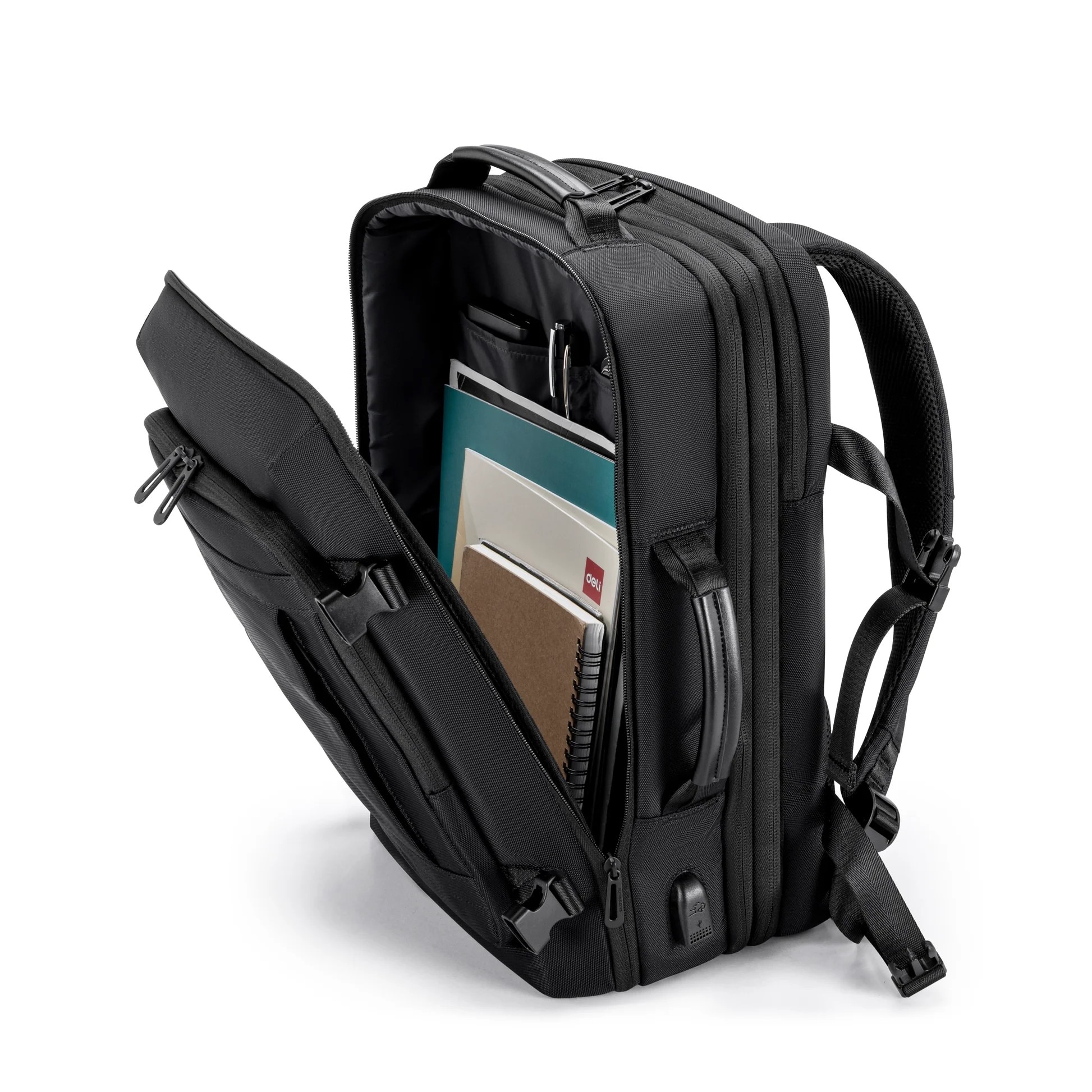 Rucsac laptop 15.6", pentru calatorii, expandabil pana la 27 L, cu port de incarcare USB, KINGSONS, 28.5x21/31x43 cm, Negru